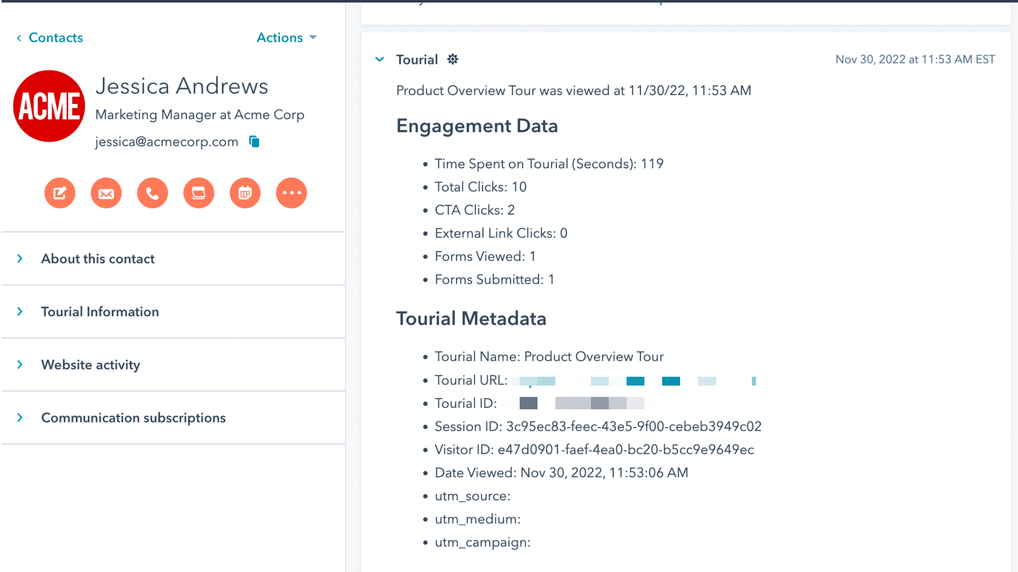 Send Tourial lead captures and engagement data to HubSpot.